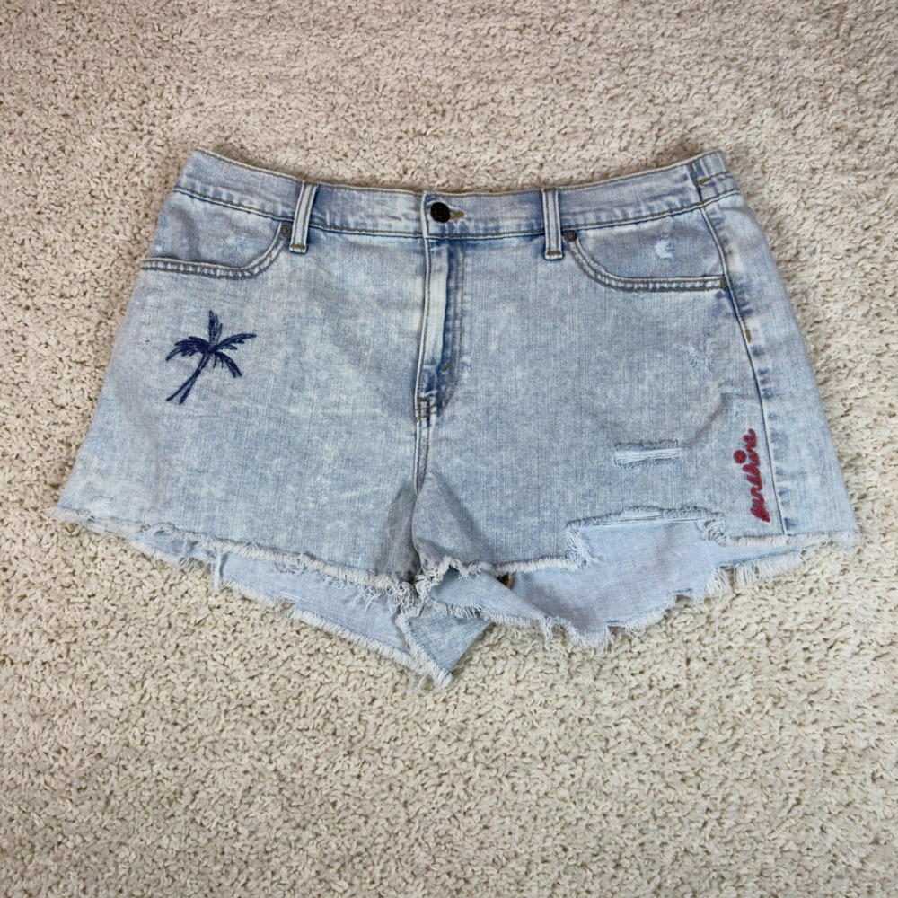 Aerie Denim Shorts Womens Large Light Wash Distressed Palm Tree Sunshine Frayed